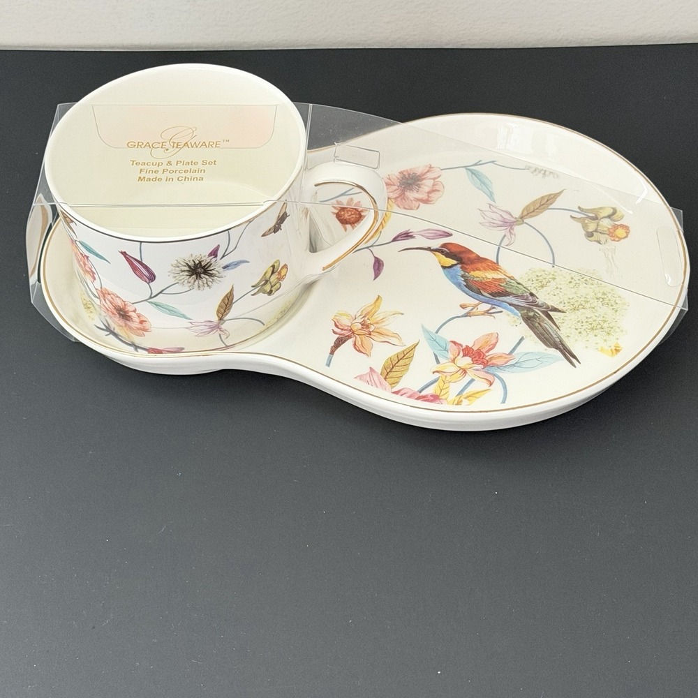 Grace Teaware Sandwich Snack Tray / Cup Spring Flowers Hummingbird Set NEW